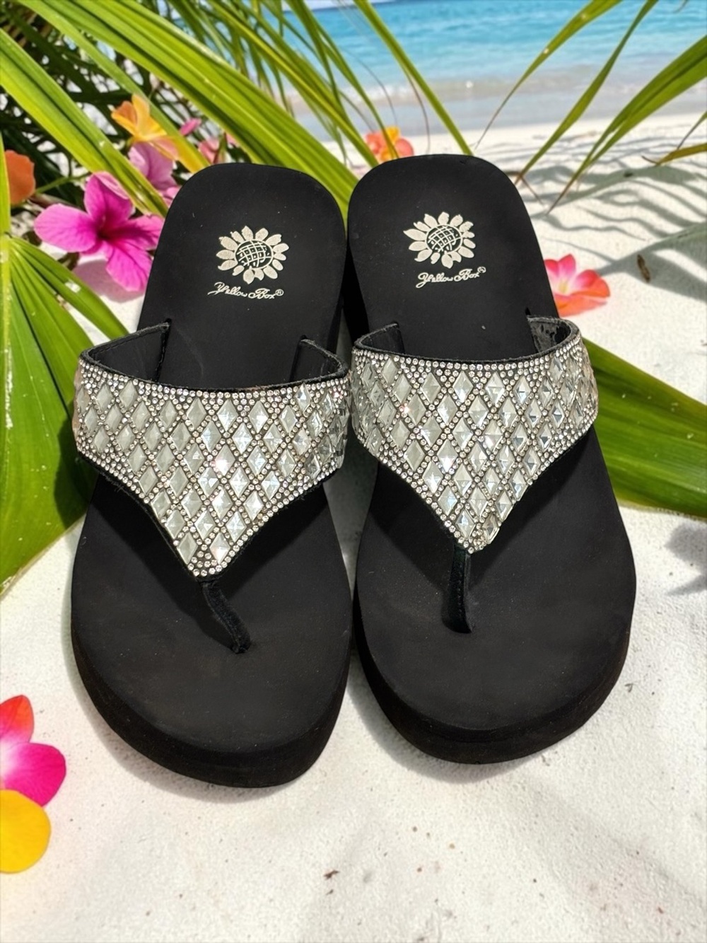 Yellow Box Black Sandals with Silver Beaded Straps Size 10